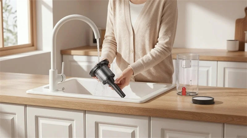 Filter wird unter dem Wasserhahn ausgespült