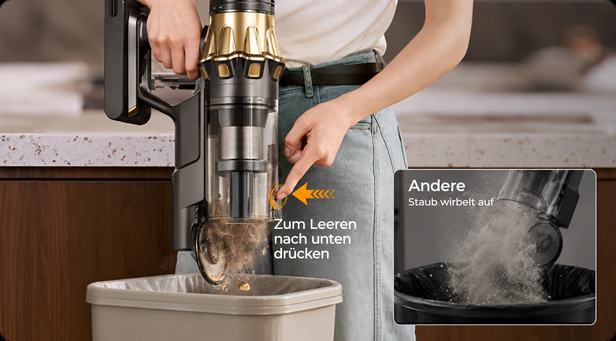 Staubbehälter wird per Knopfdruck in den Mülleimer entleert