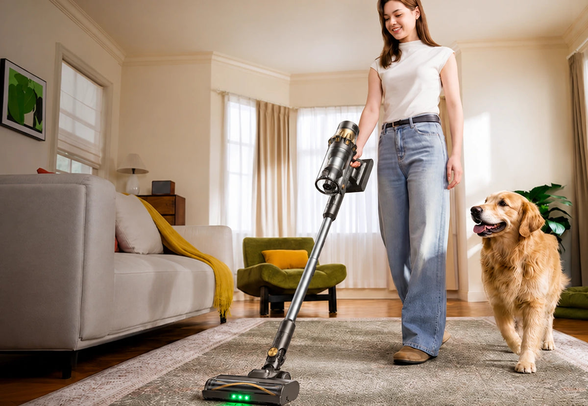Eine Frau saugt mit dem RONOS HP20 den Teppich, ihr Hund läuft mit