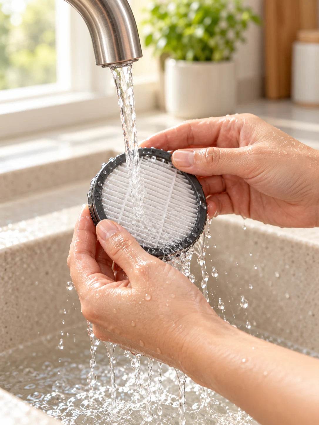 Filter wird unter dem Wasserhahn ausgespült